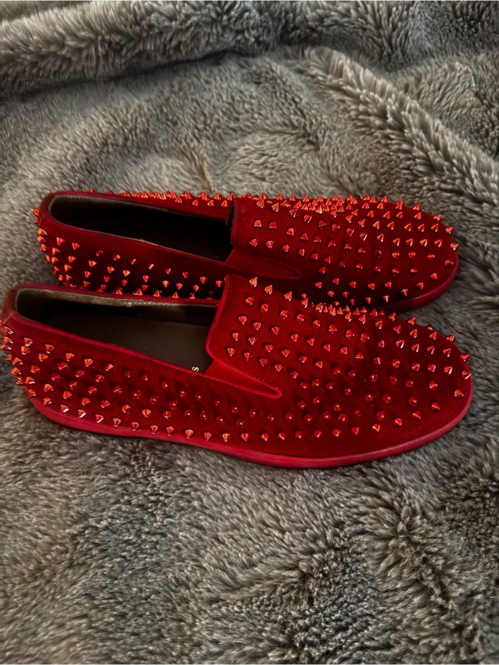 Christian Louboutin Red Velvet Spike-Stud Slip-On Boat Shoes